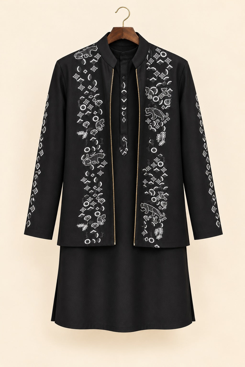 Black Handwork Jacket Kurta Set - hanger