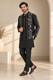 Black Handwork Jacket Kurta Set - three-quarter model
