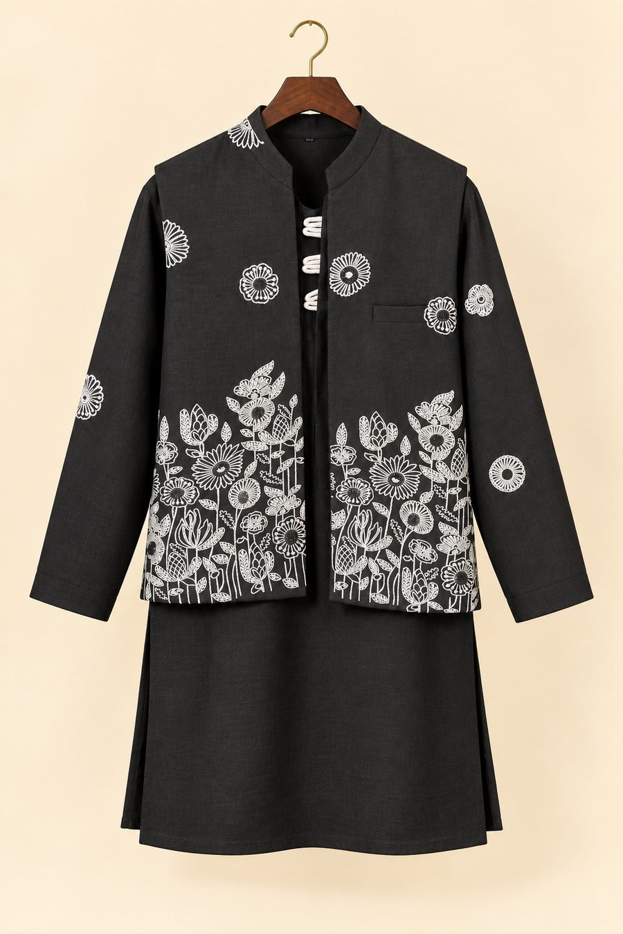 Black Linen Kurta and Jacket Set