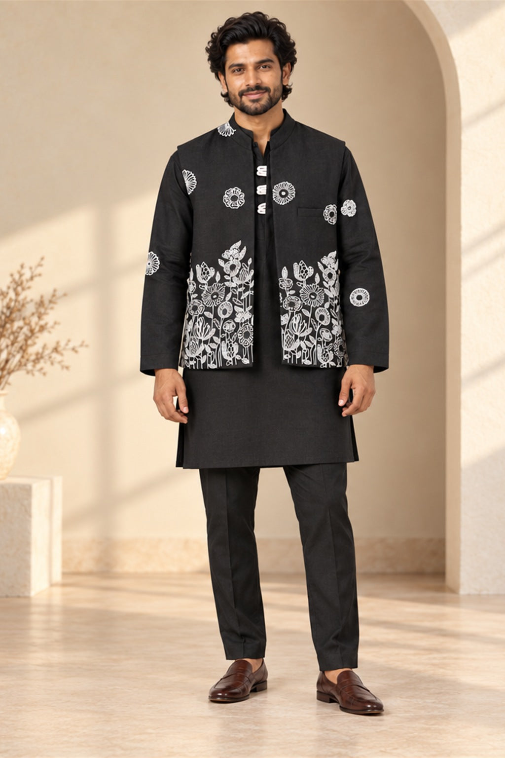 Black Linen Kurta and Jacket Set