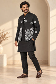 Black Linen Kurta and Jacket Set - three-quarter model