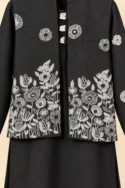 Black Linen Kurta and Jacket Set - detail