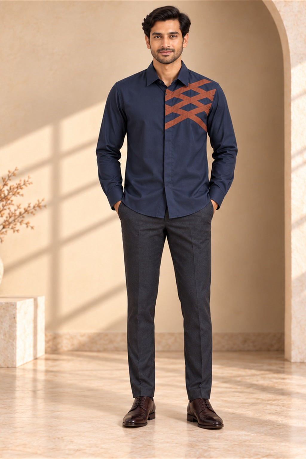 Brown Geometric Accent Giza Cotton Shirt