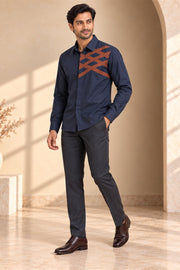 Brown Geometric Accent Giza Cotton Shirt - three-quarter model