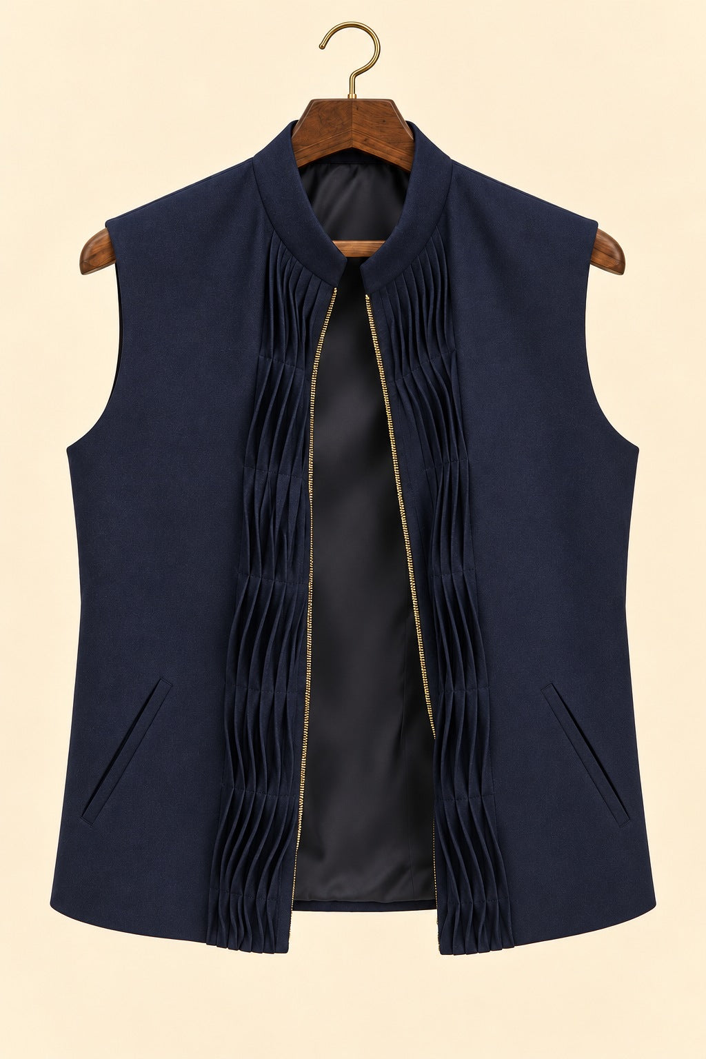 Cashmere 3D Pleated Zip Nehru Jacket - hanger