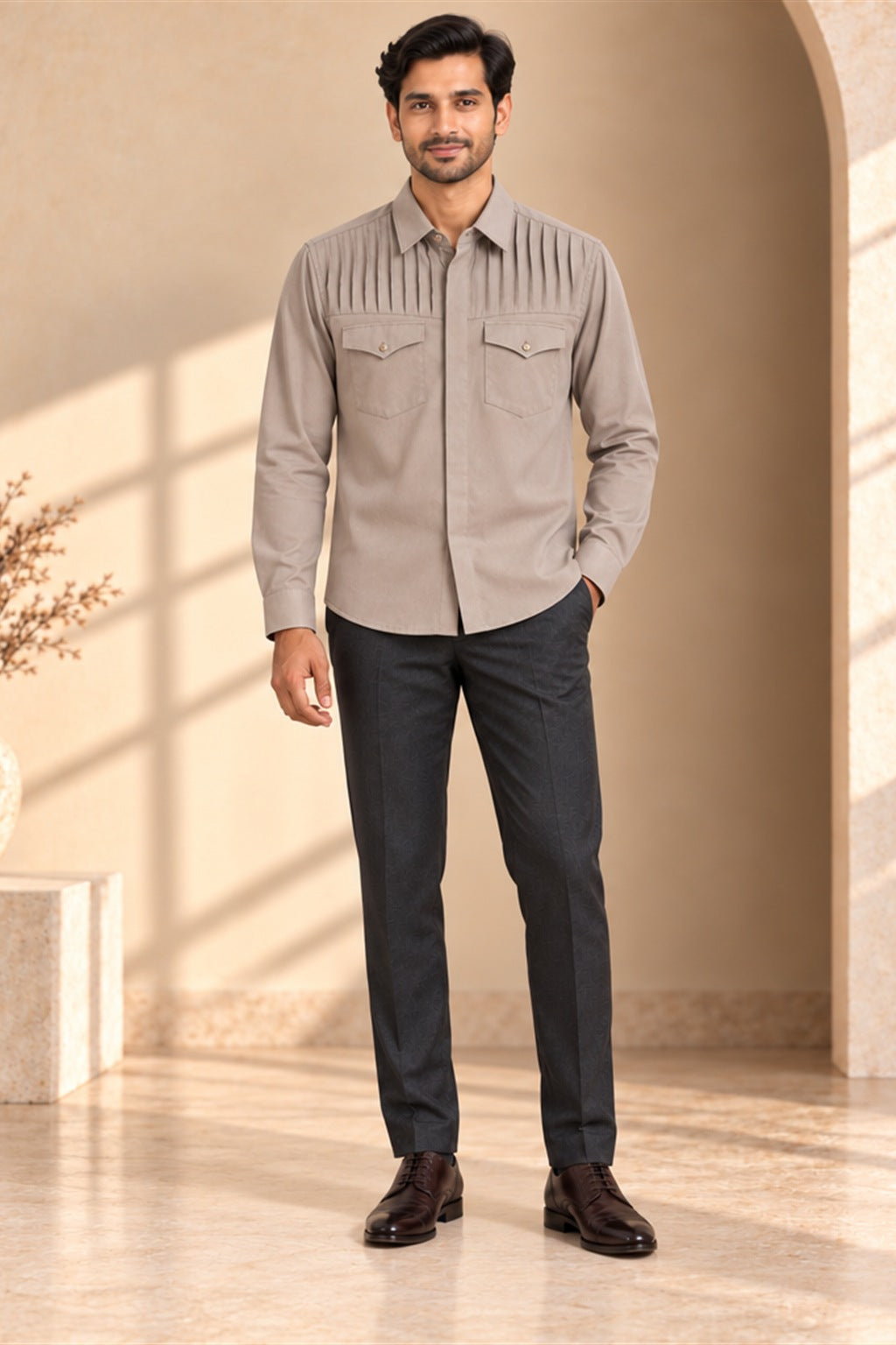 Double Flap-Pocket Pleated Giza Cotton Shirt