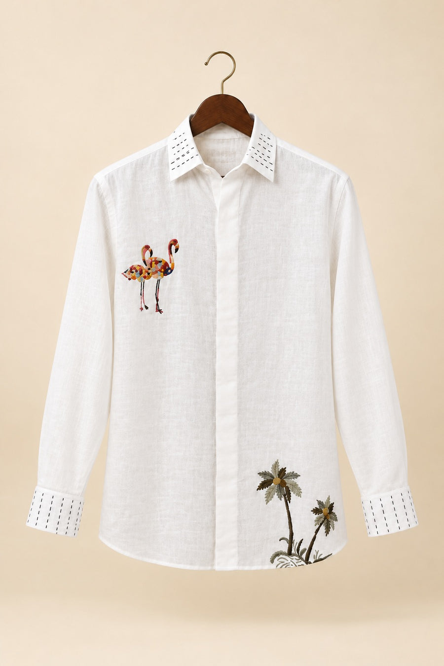 Flamingo Embroidery Linen Shirt