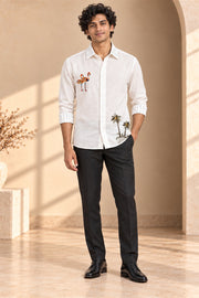 Flamingo Embroidery Linen Shirt - front model