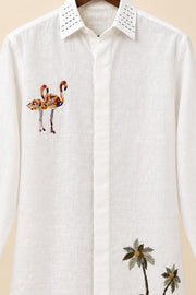 Flamingo Embroidery Linen Shirt - detail
