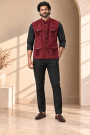Four-Pocket Velvet Nehru Jacket - front model