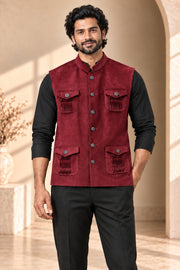 Four-Pocket Velvet Nehru Jacket - detail