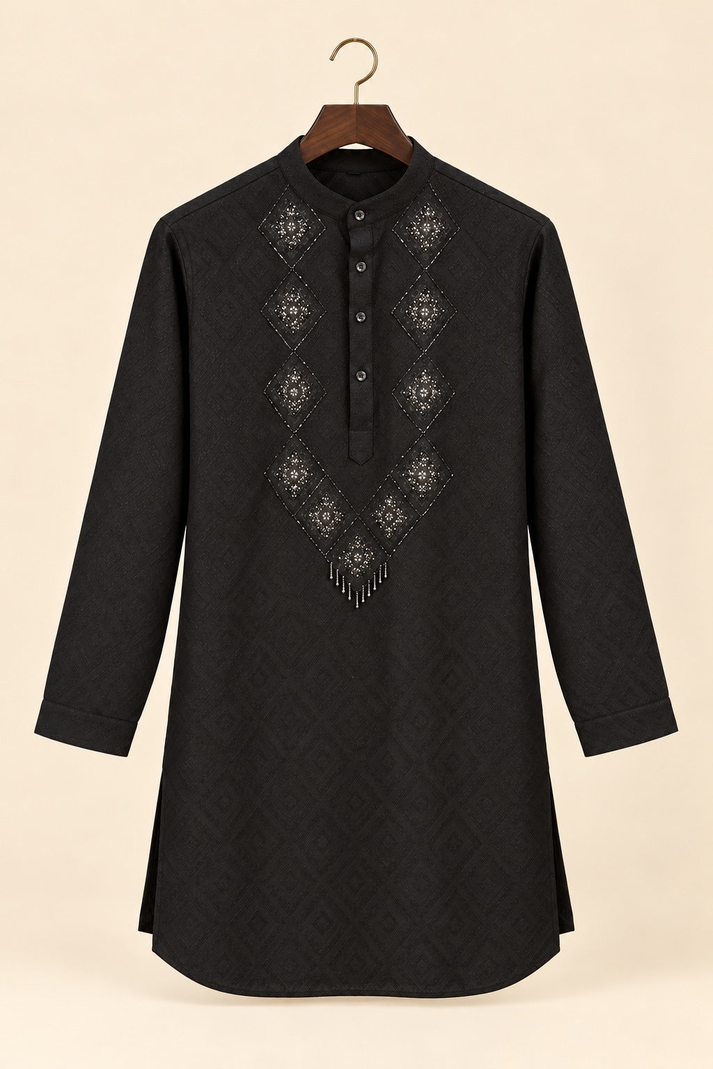 Geometric Embroidered Black Kurta - hanger