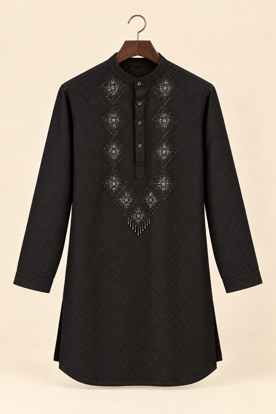 Geometric Embroidered Black Kurta