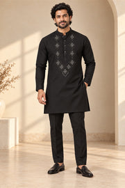 Geometric Embroidered Black Kurta - front model