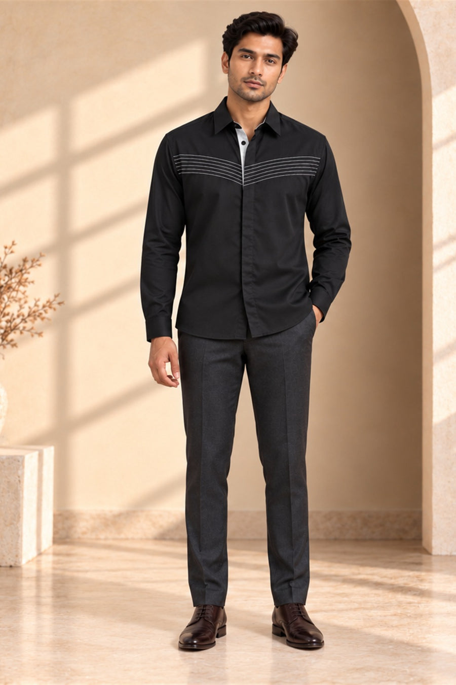 Horizontal Thread Detail Giza Cotton Shirt - front model