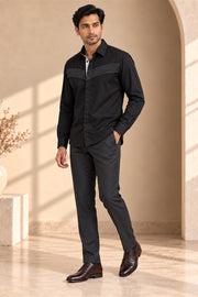 Horizontal Thread Detail Giza Cotton Shirt - three-quarter model