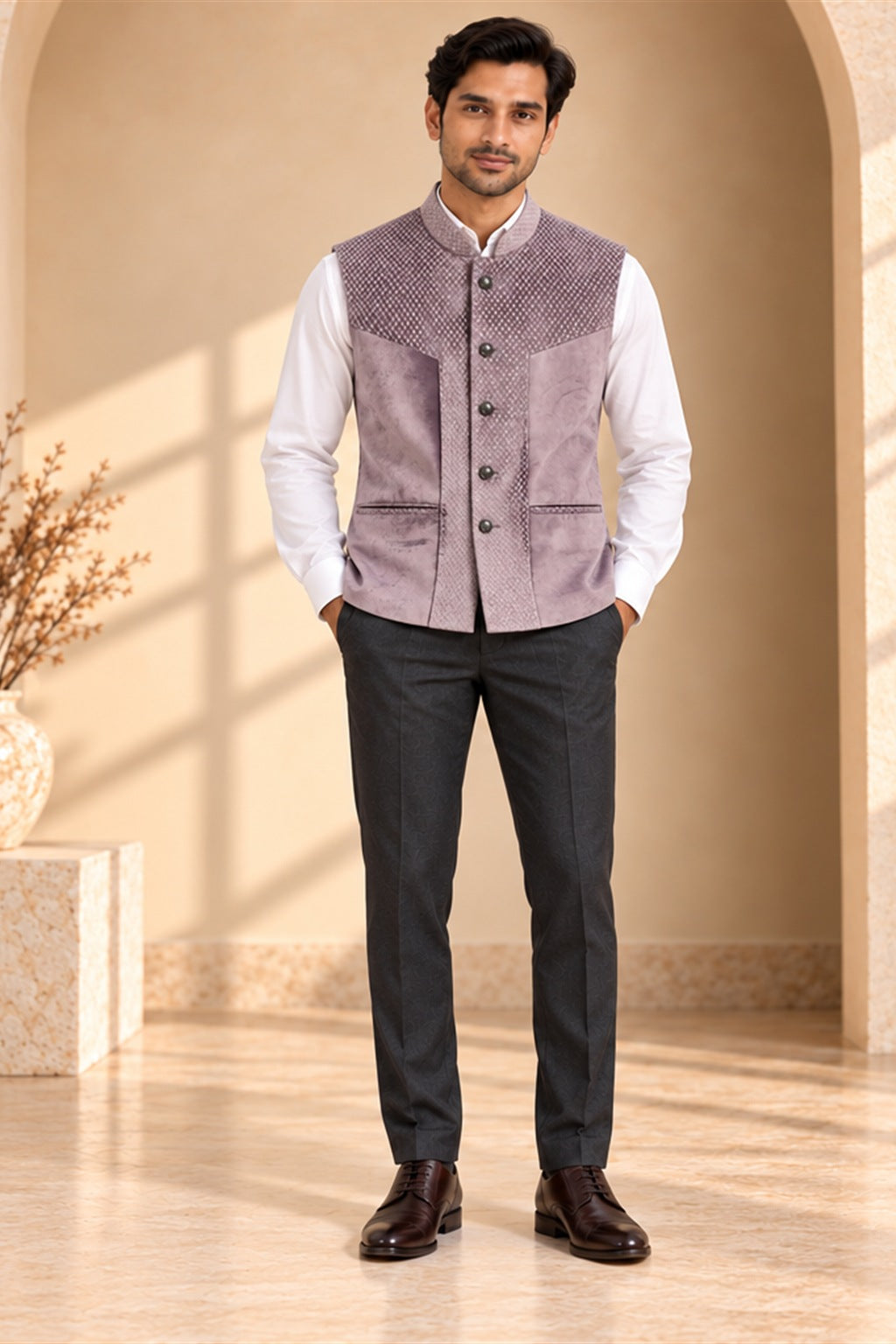 Mauve Diamond Velvet Nehru Jacket