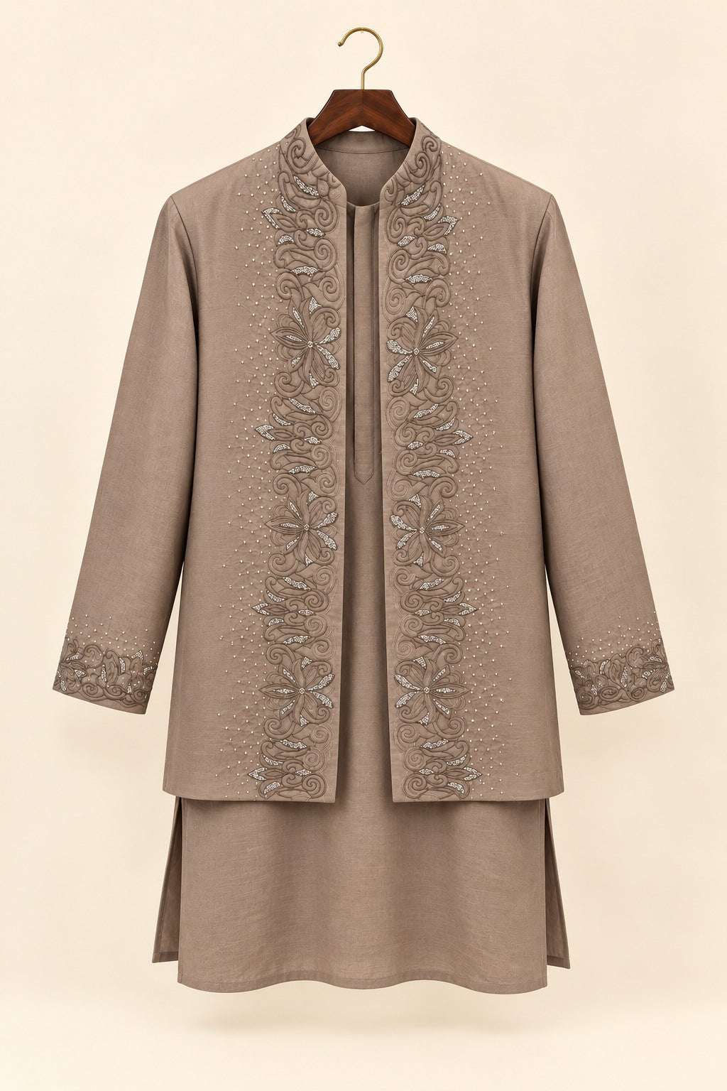 Open Embroidered Jacket Kurta Set - hanger