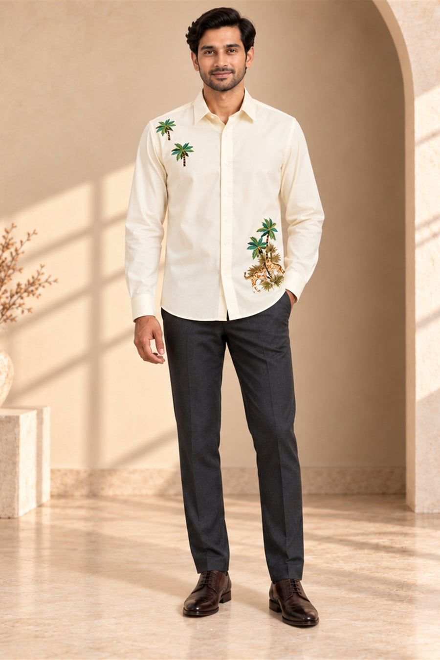 Palm Tree Embroidery Giza Cotton Shirt - front model