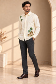 Palm Tree Embroidery Giza Cotton Shirt - three-quarter model