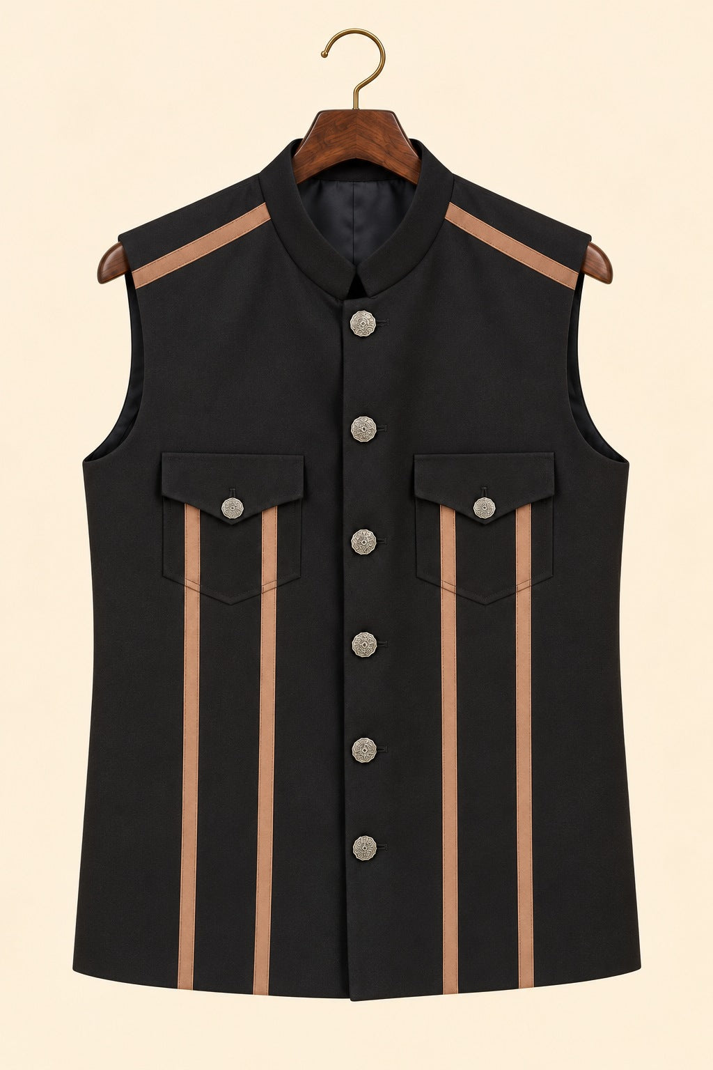 Piped Flap-Pocket Cashmere Nehru Jacket - hanger
