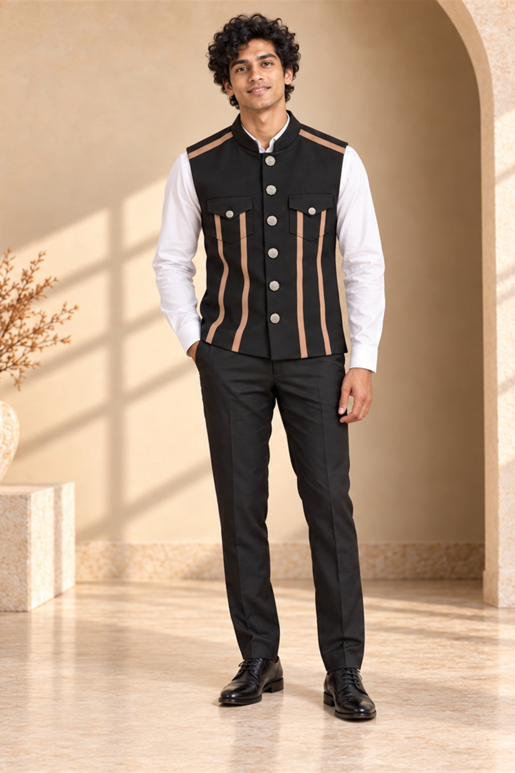 Piped Flap-Pocket Cashmere Nehru Jacket