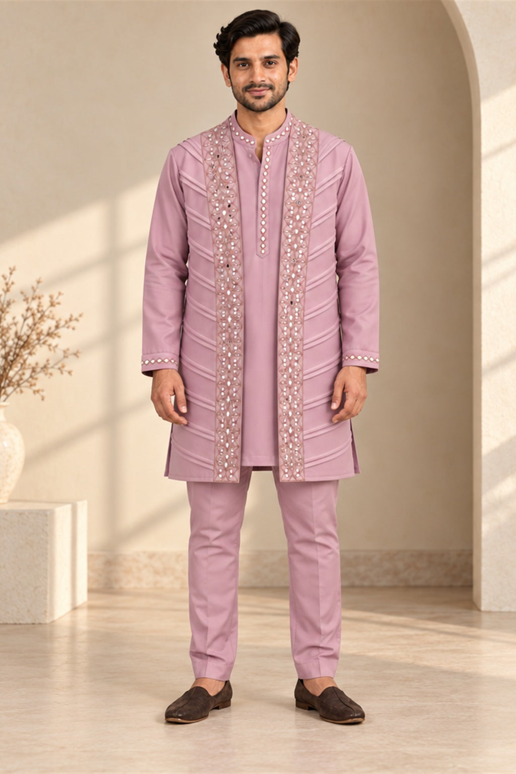 Pleated Mirror-Work Long Jacket Kurta