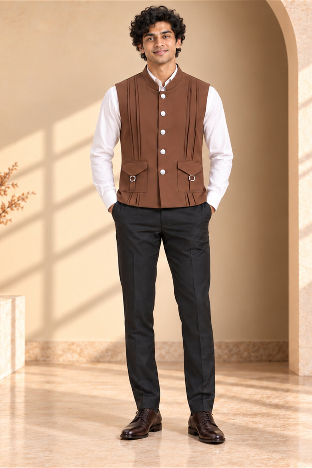 Pleated Two-Pocket Nehru Jacket
