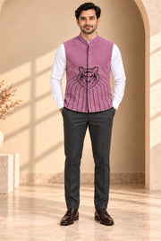 Tiger Embroidered Suede Nehru Jacket - front model