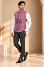 Tiger Embroidered Suede Nehru Jacket - three-quarter model