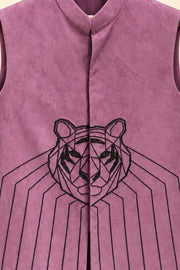 Tiger Embroidered Suede Nehru Jacket - detail