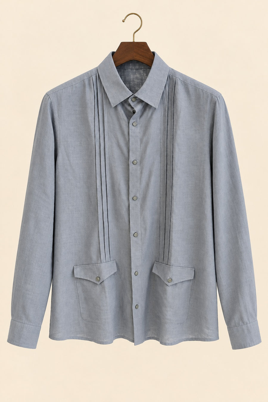 Vertical Pleat Flap-Pocket Linen Shirt