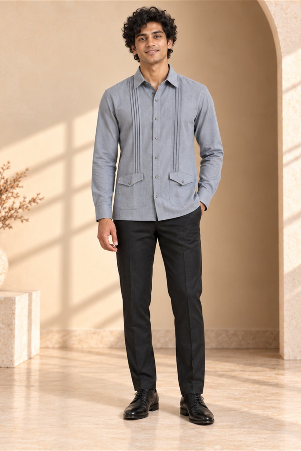 Vertical Pleat Flap-Pocket Linen Shirt