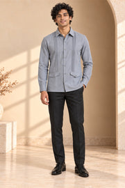 Vertical Pleat Flap-Pocket Linen Shirt - front model