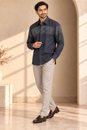 Wave Embroidery Giza Cotton Shirt - three-quarter model