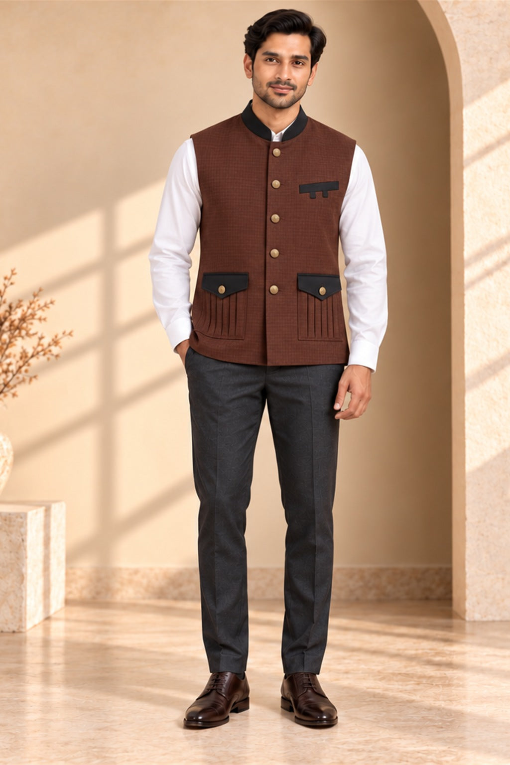 Wine Check Nehru Jacket