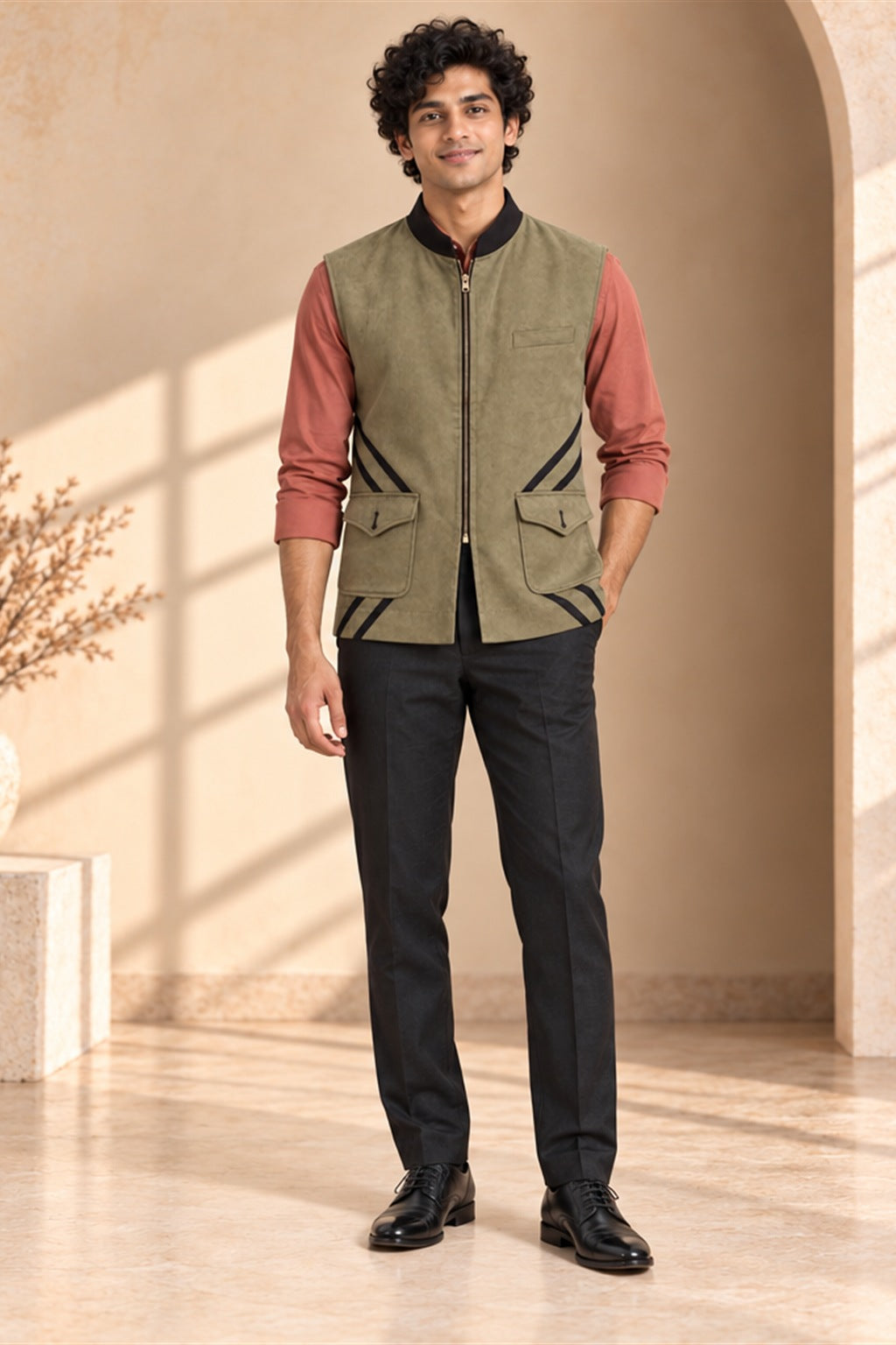 Zip-Front Suede Nehru Jacket