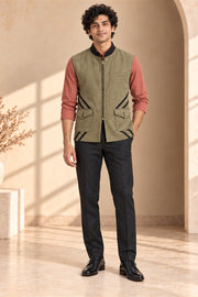Zip-Front Suede Nehru Jacket - front model