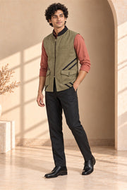 Zip-Front Suede Nehru Jacket - three-quarter model